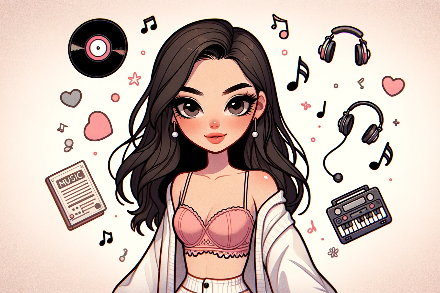 cartoonish lana del rey with long dark hair, fair skin, and striking features, surrounded by musical elements